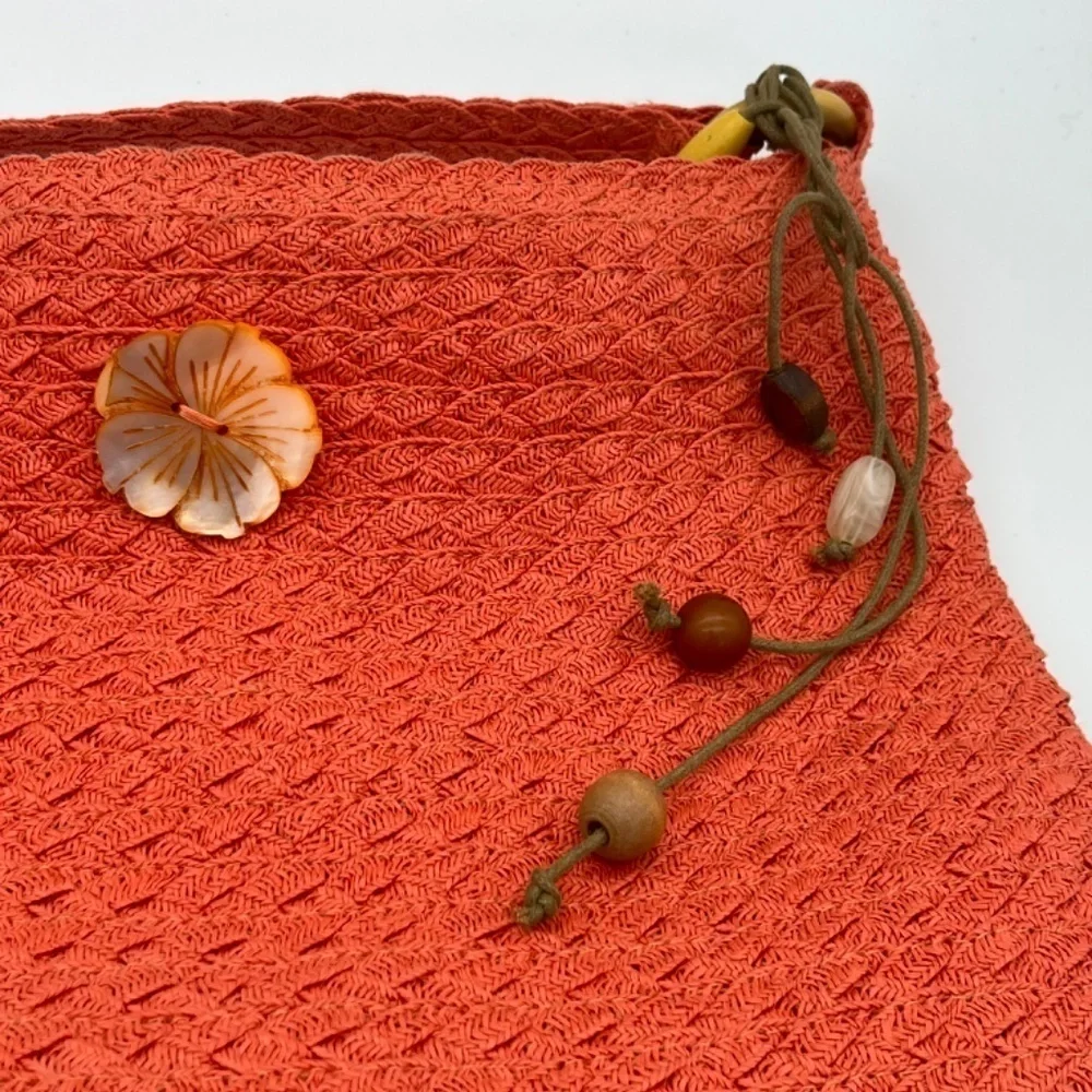 NWT Blue Miami Corral Woven Bag with Shell Flower and Wooden Ring Accents